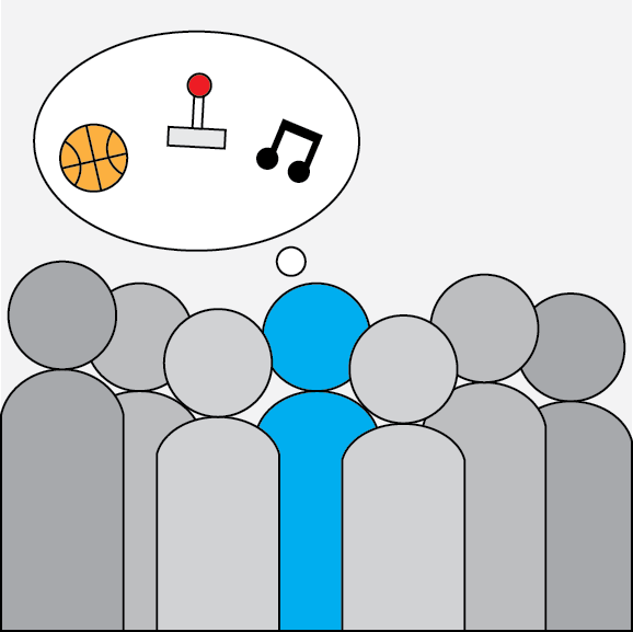 This selfie has a person standing between other people, the person is highlighted compared to the others around them, the other people are greyed out but gradually get lighter the closer they are to the highlighted person, this could symbolize the impact that the person has on others, as well as how others may view them with the thought bubble and how bright they are.